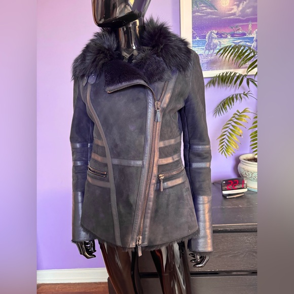 Emporio Armani BlueLeather shearling sheepskinMoto mustangJacket